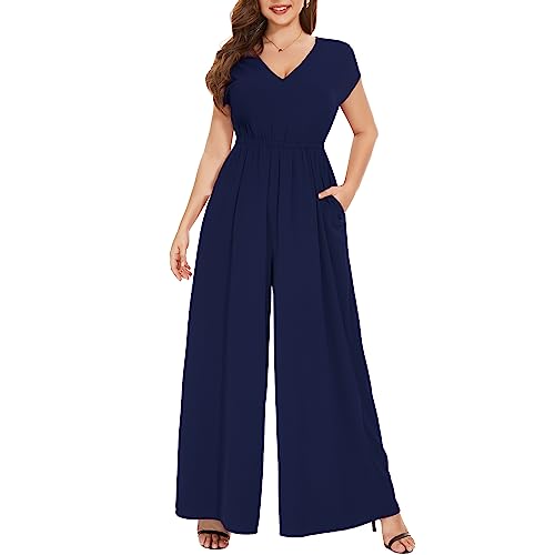 Tanmolo Damen Jumpsuit Elegant Sommer Ärmellos V-Ausschnitt Overall Weites Bein Romper Mit Taschen (Navy Blau, S) von Tanmolo