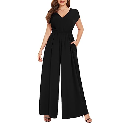 Tanmolo Damen Jumpsuit Elegant Sommer Ärmellos V-Ausschnitt Overall Weites Bein Romper Mit Taschen (Schwarz, S) von Tanmolo