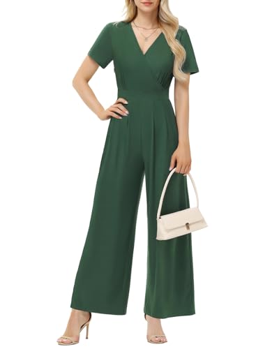 Tanmolo Damen Jumpsuit Elegant Sommer Kurzarm V-Ausschnitt Overall Weites Bein Romper Mit Taschen Dunkelgrün, L von Tanmolo
