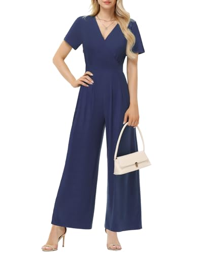 Tanmolo Damen Jumpsuit Elegant Sommer Kurzarm V-Ausschnitt Overall Weites Bein Romper Mit Taschen Navy Blau, XL von Tanmolo