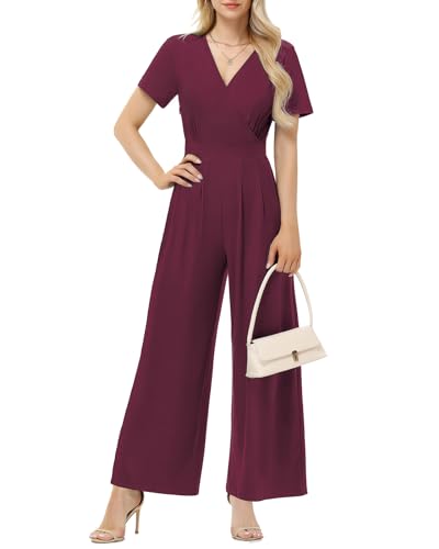 Tanmolo Damen Jumpsuit Elegant Sommer Kurzarm V-Ausschnitt Overall Weites Bein Romper Mit Taschen Weinrot, XXL von Tanmolo