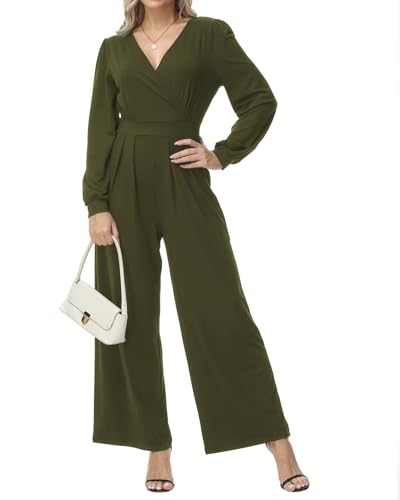 Tanmolo Damen Lang Jumpsuit Langarm V-Ausschnitt Overall Elegant Hosenanzug Weites Bein Romper Mit Taschen Armeegrün, S von Tanmolo