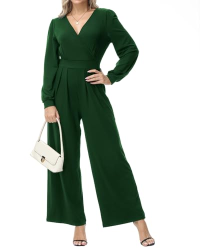 Tanmolo Damen Lang Jumpsuit Langarm V-Ausschnitt Overall Elegant Hosenanzug Weites Bein Romper Mit Taschen Dunkelgrün, L von Tanmolo