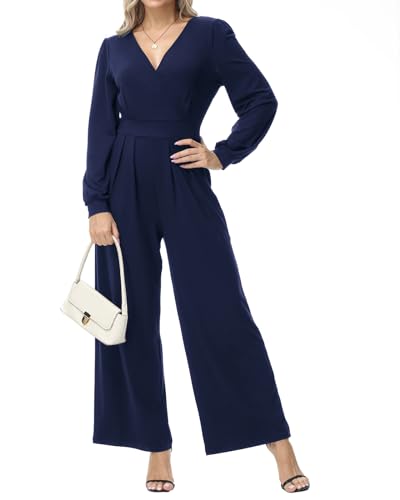 Tanmolo Damen Lang Jumpsuit Langarm V-Ausschnitt Overall Elegant Hosenanzug Weites Bein Romper Mit Taschen Navy Blau, XXL von Tanmolo