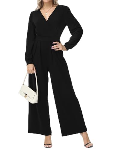 Tanmolo Damen Lang Jumpsuit Langarm V-Ausschnitt Overall Elegant Hosenanzug Weites Bein Romper Mit Taschen Schwarz, XXL von Tanmolo