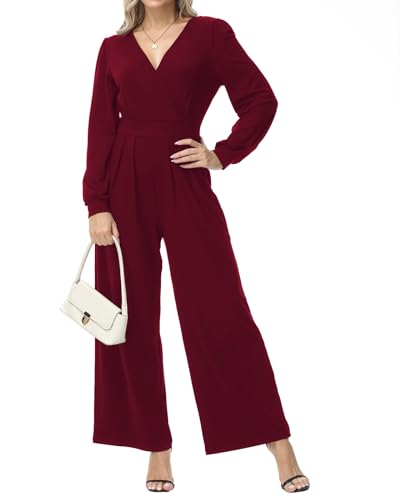 Tanmolo Damen Lang Jumpsuit Langarm V-Ausschnitt Overall Elegant Hosenanzug Weites Bein Romper Mit Taschen Weinrot, M von Tanmolo