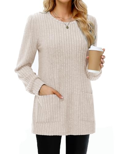 Tanmolo Damen Leichte Pullover Casual Rundhals Langarm Shirts mit Taschen Strickpullover Herbst Tunika Winter Oberteile Apricot, XXL von Tanmolo