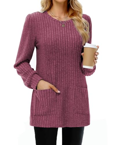 Tanmolo Damen Leichte Pullover Casual Rundhals Langarm Shirts mit Taschen Strickpullover Herbst Tunika Winter Oberteile Burgunderrot, XL von Tanmolo