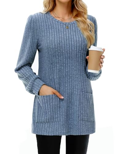 Tanmolo Damen Leichte Pullover Casual Rundhals Langarm Shirts mit Taschen Strickpullover Herbst Tunika Winter Oberteile Denim-blau, XL von Tanmolo