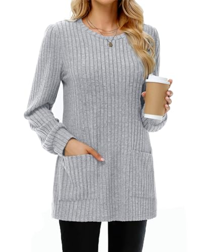 Tanmolo Damen Leichte Pullover Casual Rundhals Langarm Shirts mit Taschen Strickpullover Herbst Tunika Winter Oberteile Hellgrün, XXL von Tanmolo