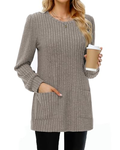 Tanmolo Damen Leichte Pullover Casual Rundhals Langarm Shirts mit Taschen Strickpullover Herbst Tunika Winter Oberteile Kaffee, XXL von Tanmolo