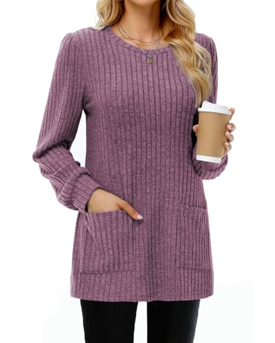 Tanmolo Damen Leichte Pullover Casual Rundhals Langarm Shirts mit Taschen Strickpullover Herbst Tunika Winter Oberteile Purpur, XL von Tanmolo