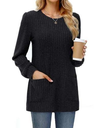 Tanmolo Damen Leichte Pullover Casual Rundhals Langarm Shirts mit Taschen Strickpullover Herbst Tunika Winter Oberteile Schwarz, XXL von Tanmolo