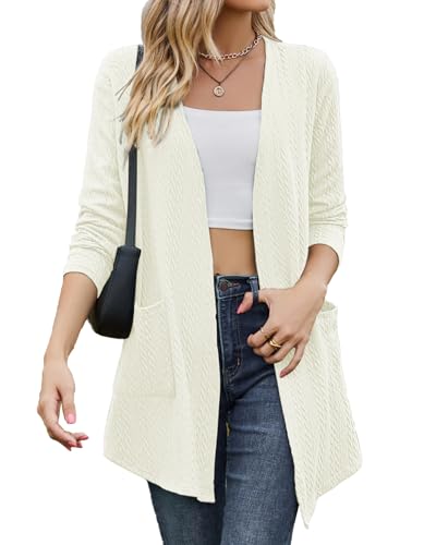 Tanmolo Damen Leichte Strickjacke Gestrickt Cardigan Lang mit Taschen Bequem Offen Elegant Langarm top Beige, M von Tanmolo