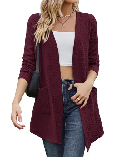 Tanmolo Damen Leichte Strickjacke Gestrickt Cardigan Lang mit Taschen Bequem Offen Elegant Langarm top Burgunderrot, XXL von Tanmolo