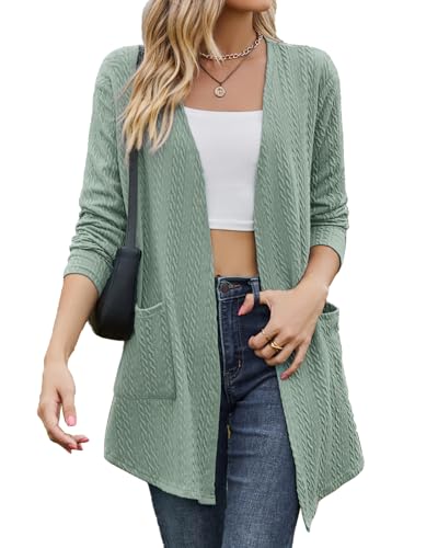 Tanmolo Damen Leichte Strickjacke Gestrickt Cardigan Lang mit Taschen Bequem Offen Elegant Langarm top Hellgrün, L von Tanmolo