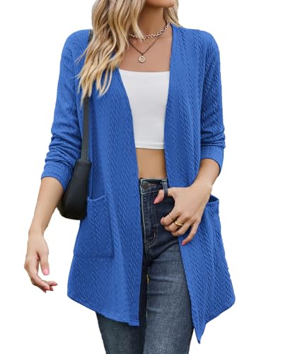 Tanmolo Damen Leichte Strickjacke Gestrickt Cardigan Lang mit Taschen Bequem Offen Elegant Langarm top Kräftiges Blau, L von Tanmolo