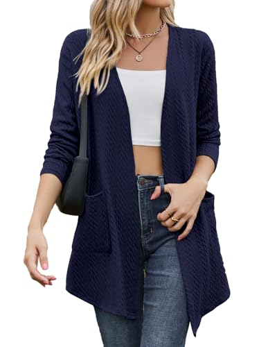 Tanmolo Damen Leichte Strickjacke Gestrickt Cardigan Lang mit Taschen Bequem Offen Elegant Langarm top Marineblau, XXL von Tanmolo