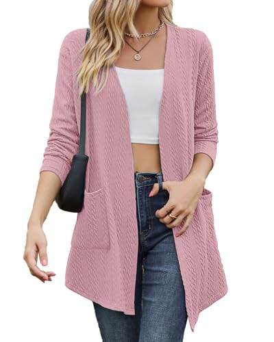 Tanmolo Damen Leichte Strickjacke Gestrickt Cardigan Lang mit Taschen Bequem Offen Elegant Langarm top Rosa, XL von Tanmolo