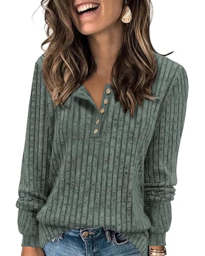 Tanmolo Damen Leichte Strickpullover Langarm Henley Shirt Herbst lässig Rundhals-Knöpfe Elegant Sweatshirt Tunika Tops Aschgrau-Grün, M von Tanmolo