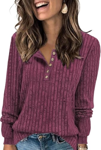 Tanmolo Damen Leichte Strickpullover Langarm Henley Shirt Herbst lässig Rundhals-Knöpfe Elegant Sweatshirt Tunika Tops Burgunderrot, L von Tanmolo