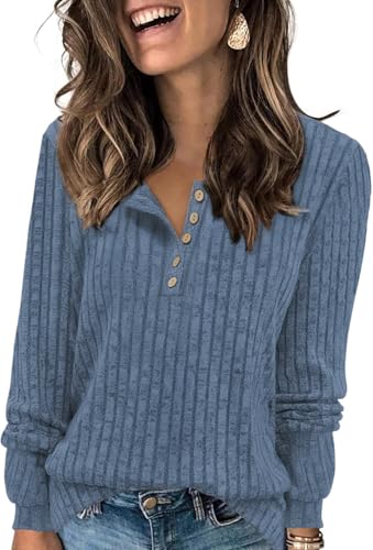 Tanmolo Damen Leichte Strickpullover Langarm Henley Shirt Herbst lässig Rundhals-Knöpfe Elegant Sweatshirt Tunika Tops Denim-blau, XL von Tanmolo