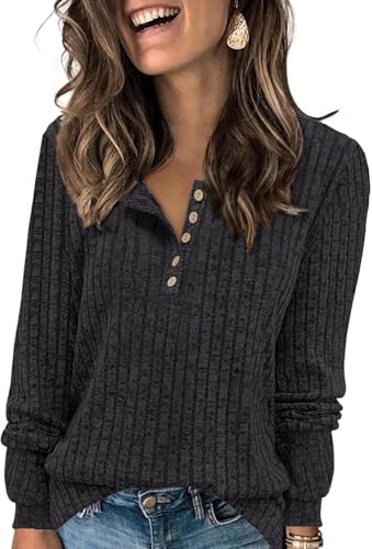 Tanmolo Damen Leichte Strickpullover Langarm Henley Shirt Herbst lässig Rundhals-Knöpfe Elegant Sweatshirt Tunika Tops Dunkelgrau, XXL von Tanmolo