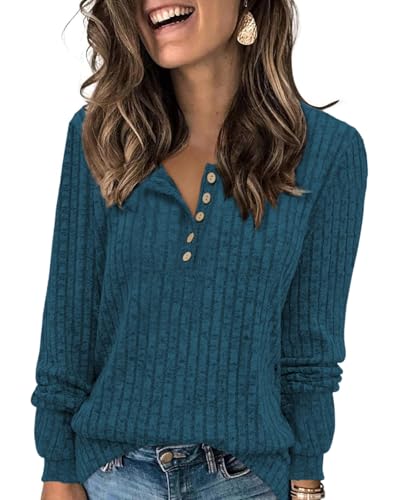 Tanmolo Damen Leichte Strickpullover Langarm Henley Shirt Herbst lässig Rundhals-Knöpfe Elegant Sweatshirt Tunika Tops Pfauenblau, XXL von Tanmolo