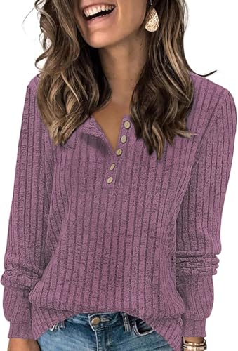Tanmolo Damen Leichte Strickpullover Langarm Henley Shirt Herbst lässig Rundhals-Knöpfe Elegant Sweatshirt Tunika Tops Purpur, L von Tanmolo