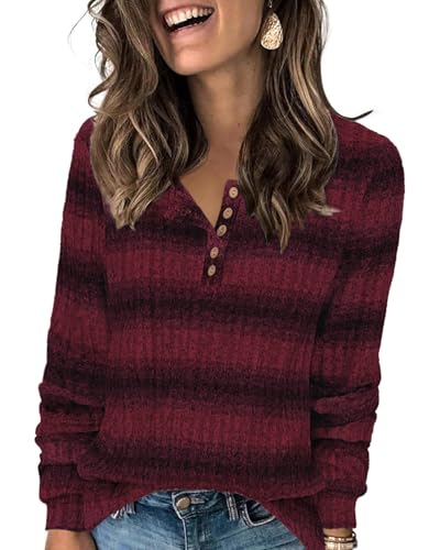 Tanmolo Damen Leichte Strickpullover Langarm Henley Shirt Herbst lässig Rundhals-Knöpfe Elegant Sweatshirt Tunika Tops Rot-Mineralstreifen, M von Tanmolo