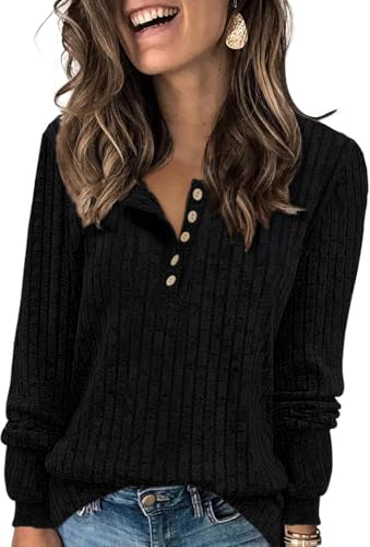 Tanmolo Damen Leichte Strickpullover Langarm Henley Shirt Herbst lässig Rundhals-Knöpfe Elegant Sweatshirt Tunika Tops Schwarz, S von Tanmolo