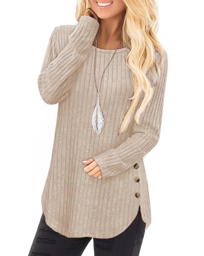 Tanmolo Damen Pullover Herbst Elegant Oberteile Langarm Strickpullover mit Knopfdetail und Kabelstruktur Leichter Arc-Saum Rundhals Pulli Apricot, XL von Tanmolo