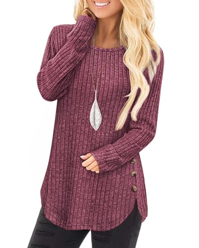 Tanmolo Damen Pullover Herbst Elegant Oberteile Langarm Strickpullover mit Knopfdetail und Kabelstruktur Leichter Arc-Saum Rundhals Pulli Burgunderrot, XL von Tanmolo