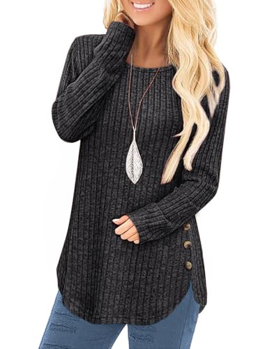 Tanmolo Damen Pullover Herbst Elegant Oberteile Langarm Strickpullover mit Knopfdetail und Kabelstruktur Leichter Arc-Saum Rundhals Pulli Dunkelgrau, XXL von Tanmolo