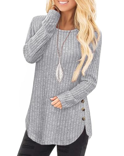 Tanmolo Damen Pullover Herbst Elegant Oberteile Langarm Strickpullover mit Knopfdetail und Kabelstruktur Leichter Arc-Saum Rundhals Pulli Hellgrau, XXL von Tanmolo