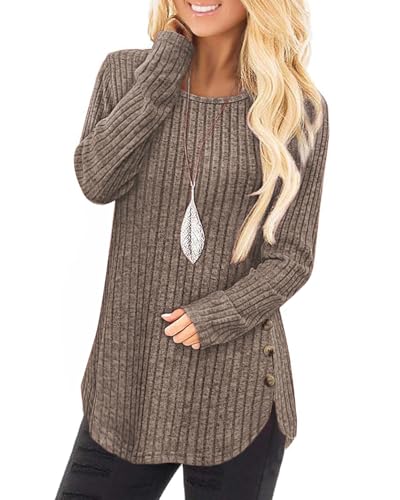 Tanmolo Damen Pullover Herbst Elegant Oberteile Langarm Strickpullover mit Knopfdetail und Kabelstruktur Leichter Arc-Saum Rundhals Pulli Kaffee, XL von Tanmolo