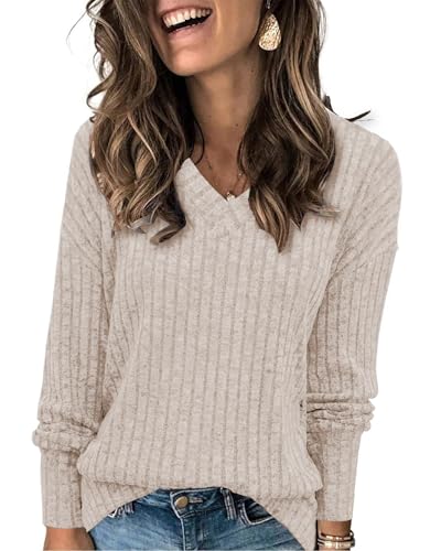 Tanmolo Damen Pullover Herbst Leicht Langarm V-Ausschnitt Elegant Oberteile Strickpullover Rippenoptik Apricot, XL von Tanmolo