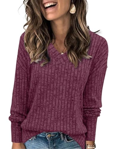 Tanmolo Damen Pullover Herbst Leicht Langarm V-Ausschnitt Elegant Oberteile Strickpullover Rippenoptik Burgunderrot, M von Tanmolo
