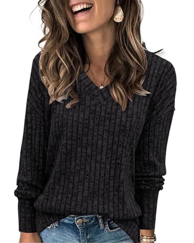 Tanmolo Damen Pullover Herbst Leicht Langarm V-Ausschnitt Elegant Oberteile Strickpullover Rippenoptik Dunkelgrau, XL von Tanmolo