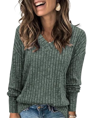 Tanmolo Damen Pullover Herbst Leicht Langarm V-Ausschnitt Elegant Oberteile Strickpullover Rippenoptik Grün, XL von Tanmolo