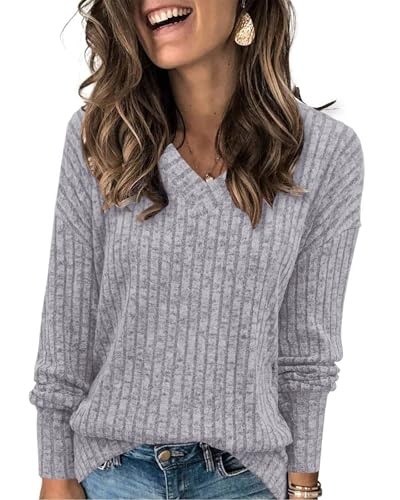 Tanmolo Damen Pullover Herbst Leicht Langarm V-Ausschnitt Elegant Oberteile Strickpullover Rippenoptik Hellgrau, M von Tanmolo