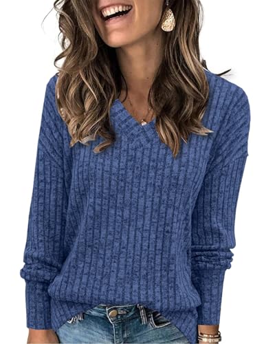 Tanmolo Damen Pullover Herbst Leicht Langarm V-Ausschnitt Elegant Oberteile Strickpullover Rippenoptik Museumbau, XL von Tanmolo