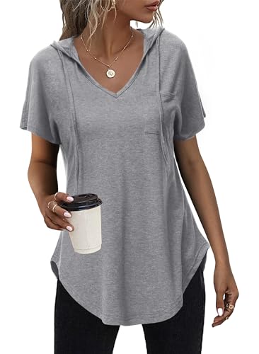 Tanmolo Damen Sommer Hoodie Sweatshirt mit Kapuze Kurzarm T Shirt V Ausschnitt Kapuzenpullover Kordelzug Tops Grau, M von Tanmolo