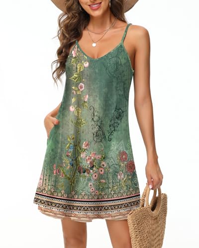 Tanmolo Damen Sommer Kleid Rmellos Kurz Strandkleid Spaghettitrger Knielangen Freizeitkleid 2XL Grün Blumig von Tanmolo