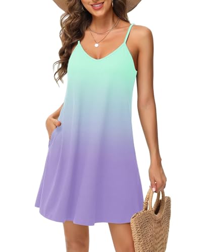 Tanmolo Damen Sommer Kleid Rmellos Kurz Strandkleid Spaghettitrger Knielangen Freizeitkleid 2XL Mint Lavendel von Tanmolo