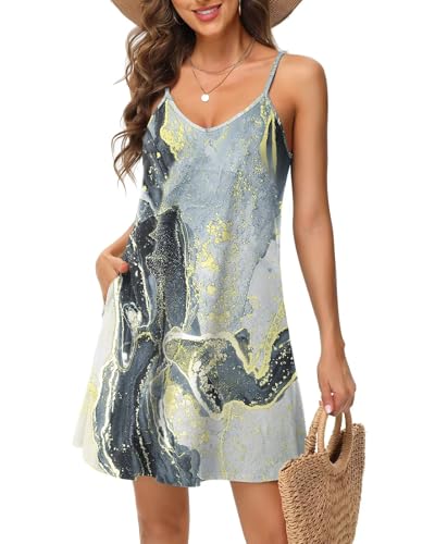 Tanmolo Damen Sommer Kleid Rmellos Kurz Strandkleid Spaghettitrger Knielangen Freizeitkleid 3XL Schwarz Grau Golden von Tanmolo