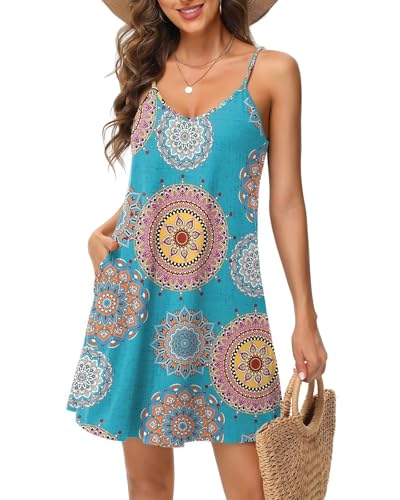 Tanmolo Damen Sommer Kleid Rmellos Kurz Strandkleid Spaghettitrger Knielangen Freizeitkleid 3XL Türkises Mandala von Tanmolo