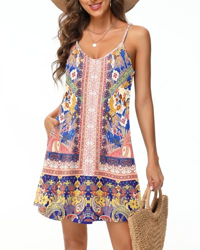 Tanmolo Damen Sommer Kleid Rmellos Kurz Strandkleid Spaghettitrger Knielangen Freizeitkleid L Böhmen von Tanmolo