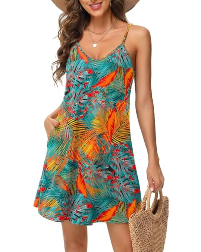 Tanmolo Damen Sommer Kleid Rmellos Kurz Strandkleid Spaghettitrger Knielangen Freizeitkleid L Spritzblätter von Tanmolo