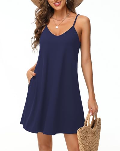 Tanmolo Damen Sommer Kleid Rmellos Kurz Strandkleid Spaghettitrger Knielangen Freizeitkleid M Marineblau von Tanmolo